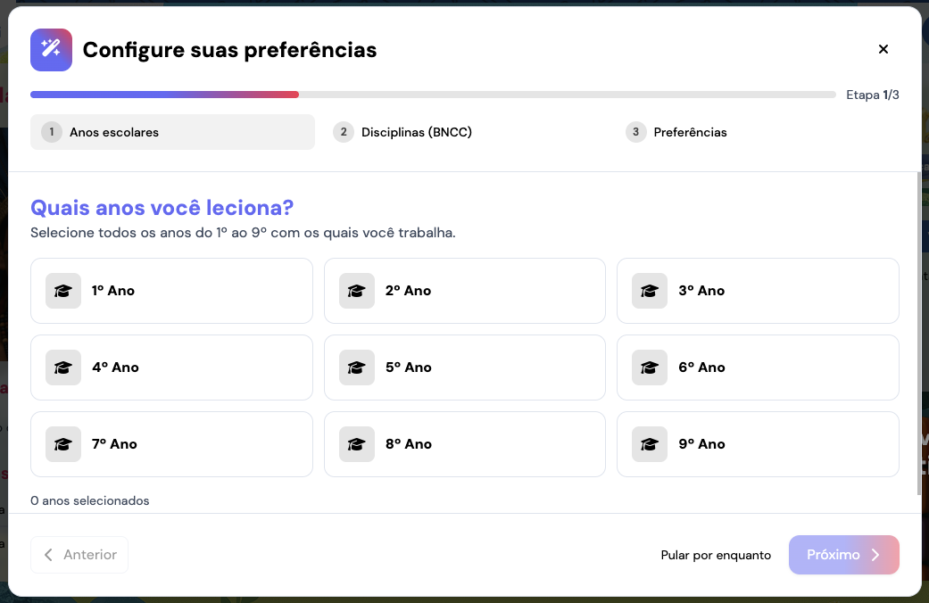 Modal de configuração de preferências