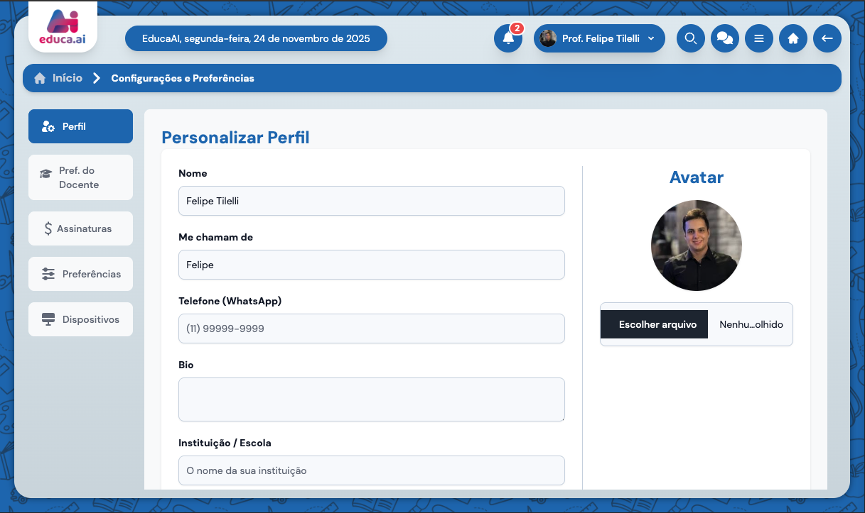 Interface de Configurações e Preferências