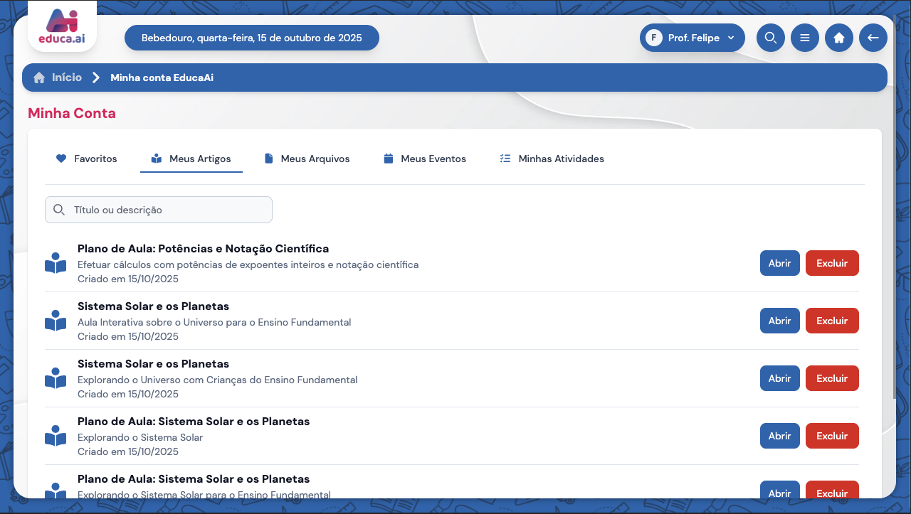 Interface Principal da Minha Conta