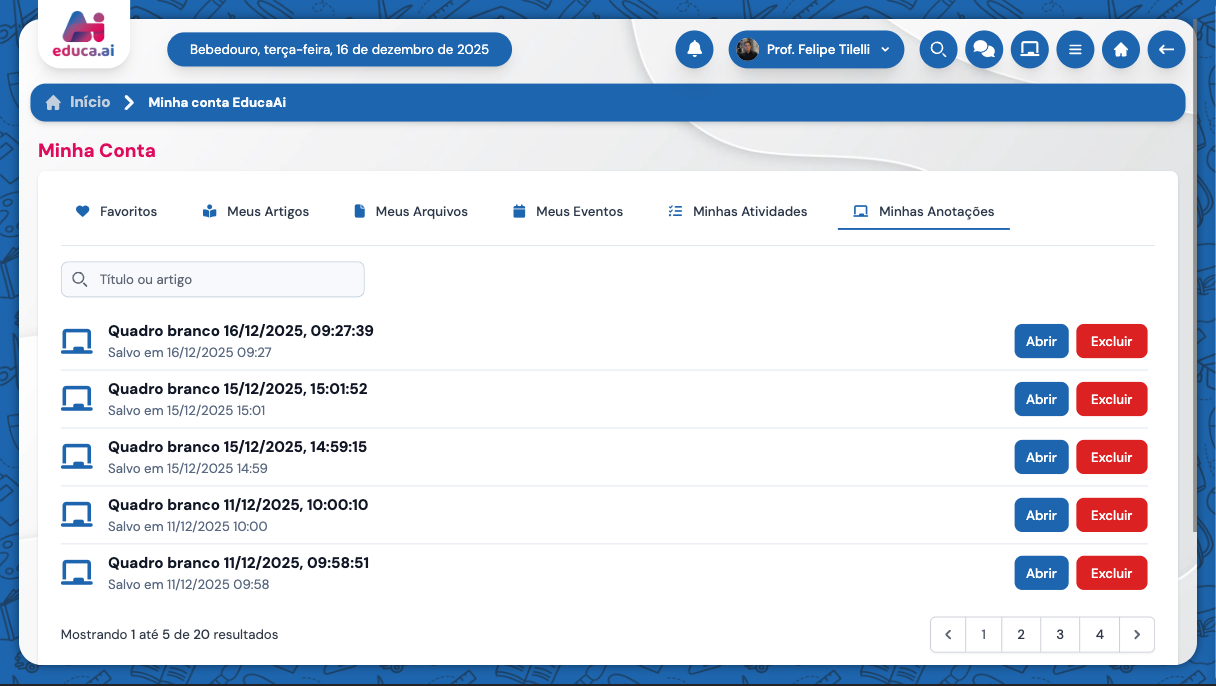 Lista de Quadros Salvos