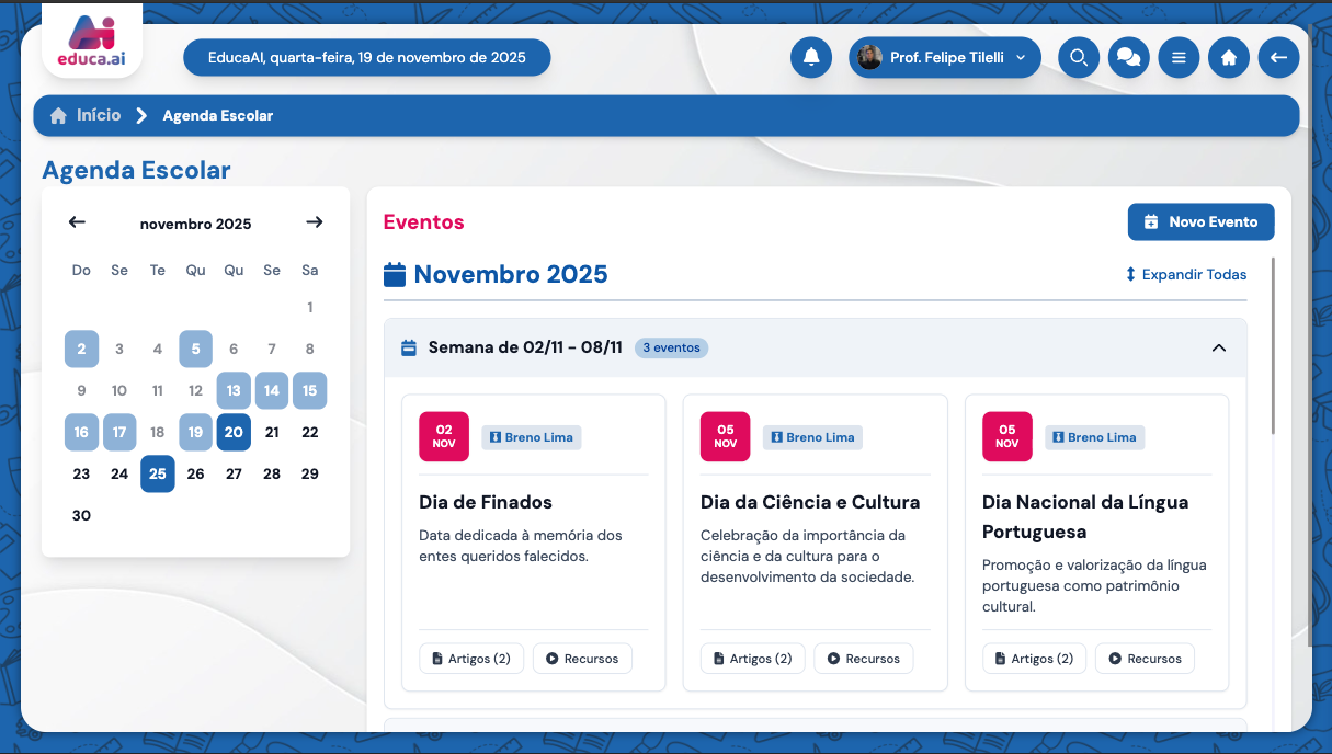 Interface da Agenda Escolar