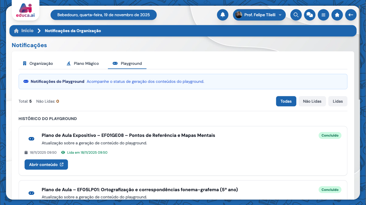 Notificações do Playground